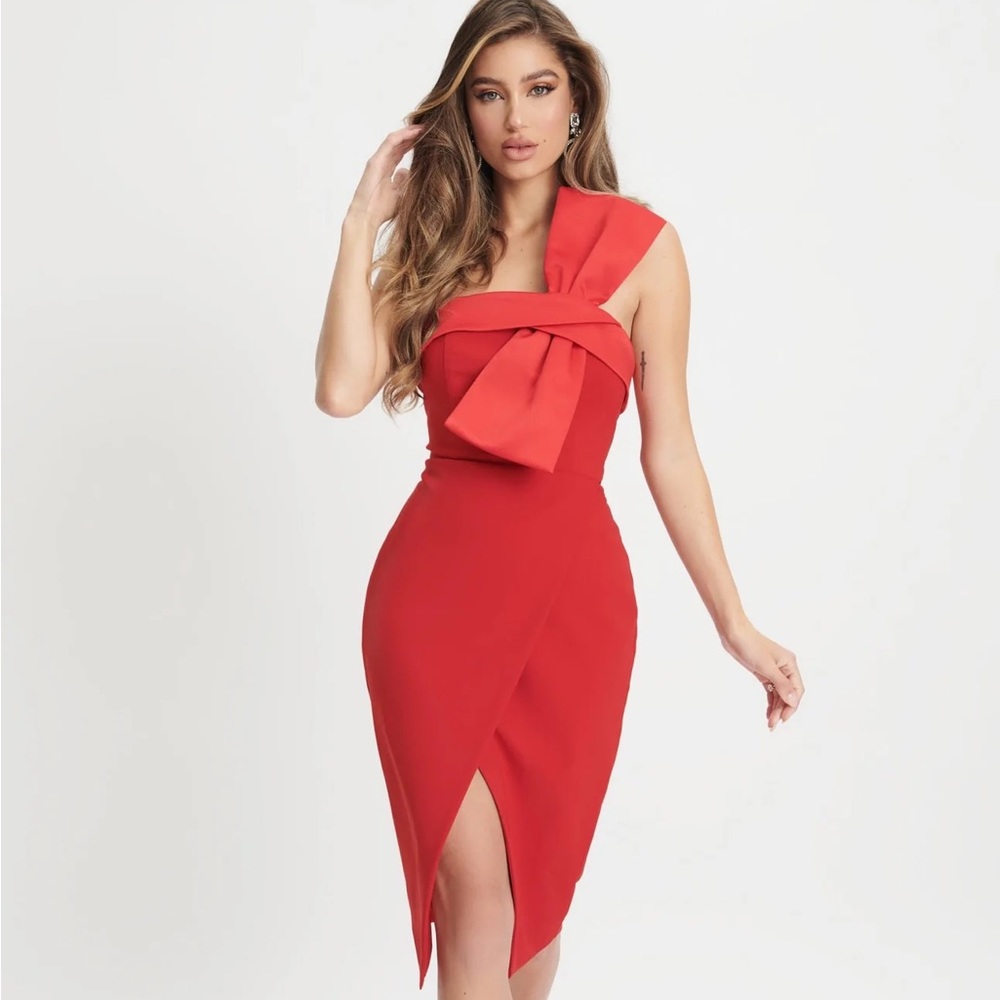 EMILY BANDEAU BOW DETAIL WRAP MIDI DRESS